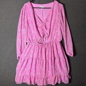 Womens XL Pink Floral Cut Out Tiered Mini Dress Long Sheer Sleeve V-Neck Resort